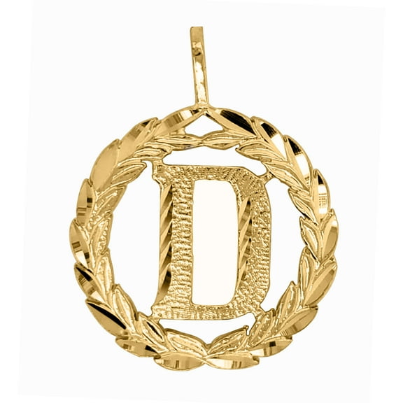 Precious Stars 14K Yellow Gold Round Wreath Unisex Initial Letter 'D' Pendant - No Chain, Pendant Only