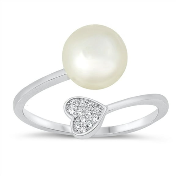 Simulated Pearl Clear CZ Heart Open Ring Sterling Silver Size 7