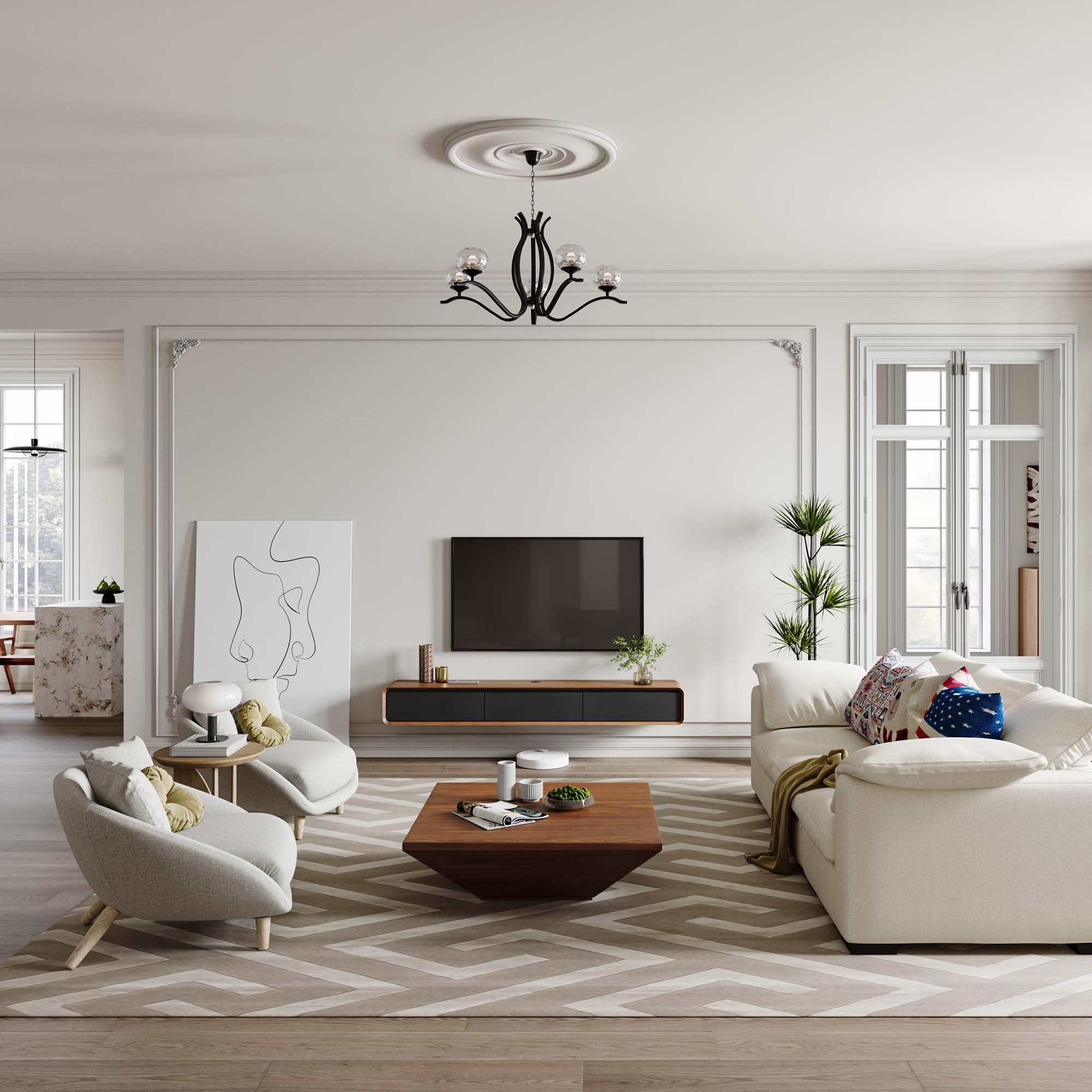 POVISON 63" Minimalist Floating TV Stand for up to 50",Fully Assembled Modern Wall-Mounted Media Console with 3 Flip-Down Cabinet Doors,Walnut & Black