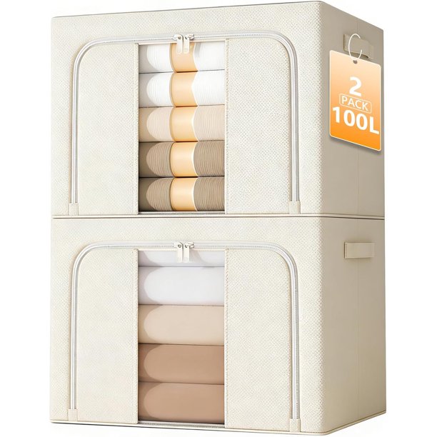 Bolsas de Almacenamiento de Ropa: 2 Pcs Caja de Almacenamiento Plegable - Organizador de Ropa Gran Capacidad con Ventana Transparente y Mango Resistente, para Mantas y Edredones (Beige)