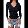 thumbnail image 1 of Camisas de Larga para Mujer, Ropa de Otoño, Blusas Henley, Blusas Informales de Negocios Acanaladas, Conjuntos de Moda. Negro S, 1 of 10