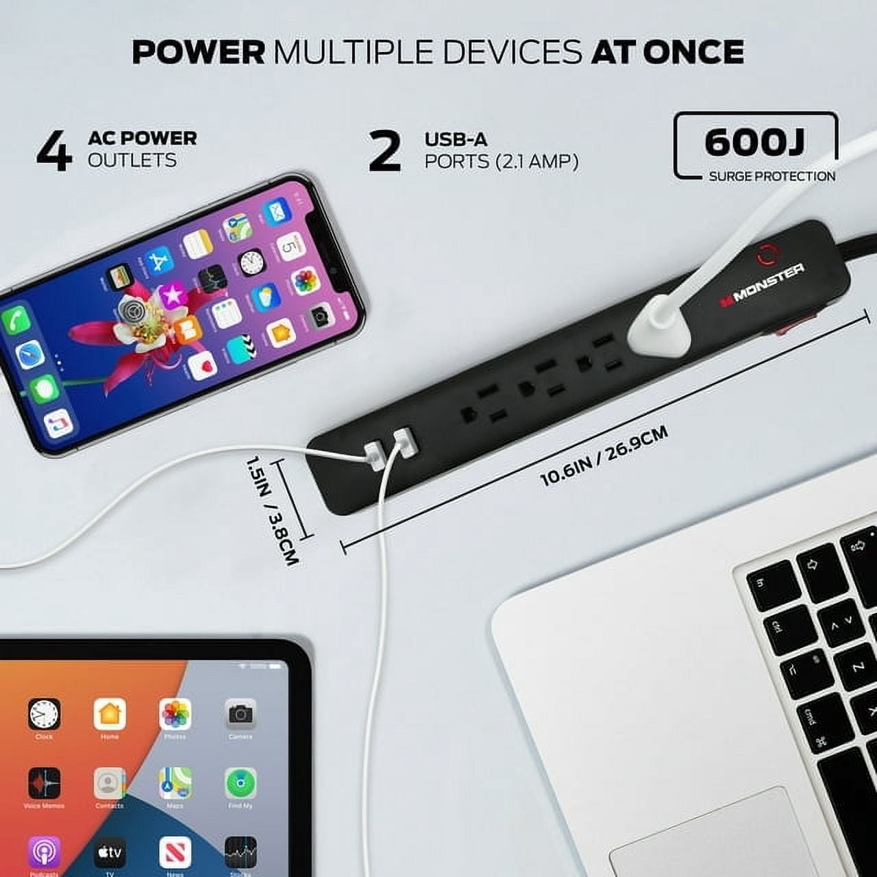 Monster Surge Protector, 4 Grounded Outlets, 2 USB Ports, 600 Joules, 6FT Nylon Braided Extension Cord