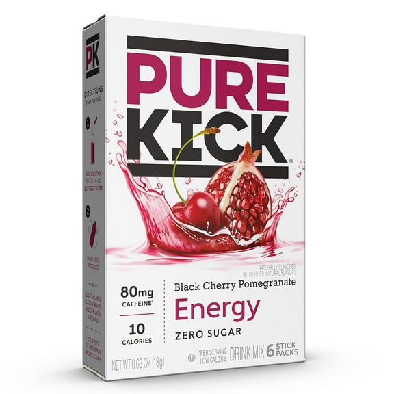 Pure Kick Energy Caffeine & Electrolyte Powder Drink Mix Black Cherry Pomegranate Pack, 6 Count Packets