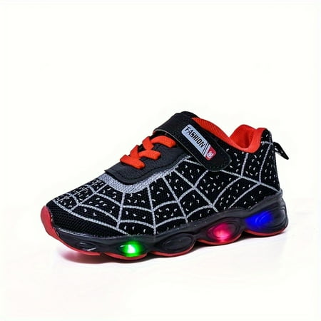 

Cool Spider Net Low Top Sneakers with LED Light for Boys Kids Teenagers - Breathable Lightweight Anti-Slip Shoes with Hook and Loop Fastener for Outdoor Walking and Running