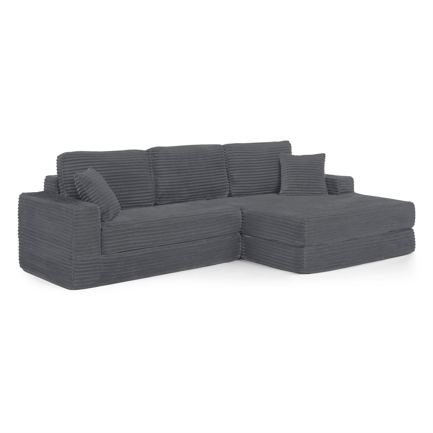Demi Bonn 111" L Shaped Modular Sectional Sofa, Modern Corduroy Couch with Comfy Right Seat, Unfolds into Bed for Living Room, Gray