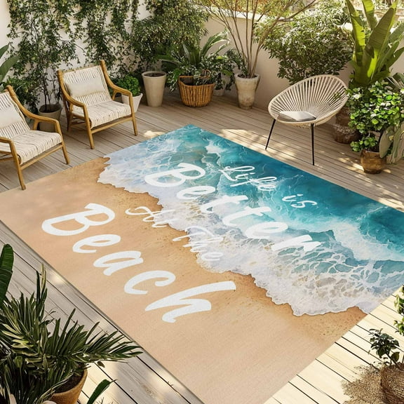 Fsddascl Summer Beach Blue Outdoor Rug for Patio/Deck/Porch, Non-Slip Large Area Rug 5 x 8 Ft, Life Is Better at The Beach Indoor Outdoor Rugs Washable Area Rugs, Reversible Camping Rug Carpet