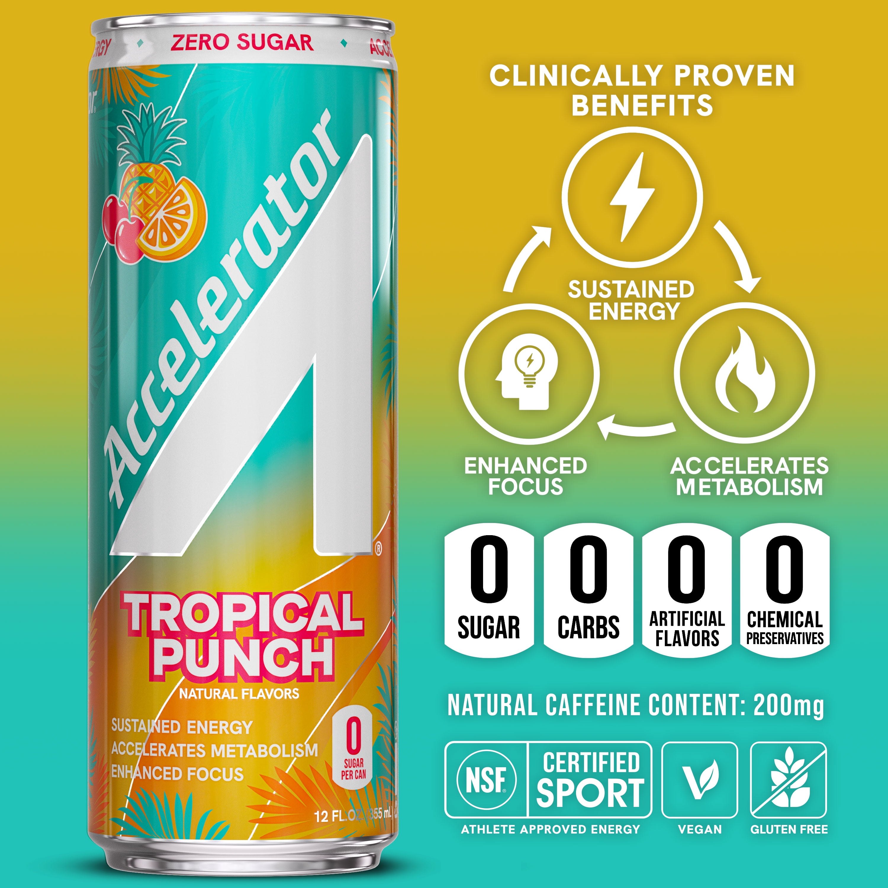 Accelerator Energy Drink, Tropical Punch, 12 fl oz can (12 pack), Zero Sugar, Sustained Energy from 100% Natural Caffeine (200mg from Green Coffee Bean & Green Tea extract)
