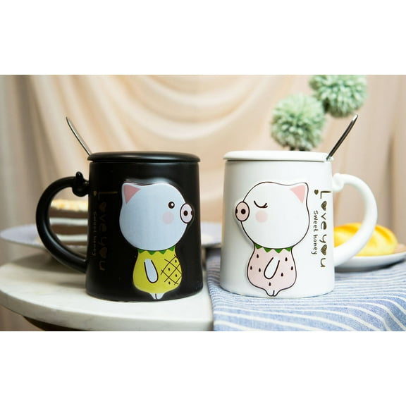 Ebros Pack Of 2 Valentines Love Pigs Black & White Coffee Mugs With Lid & Spoon
