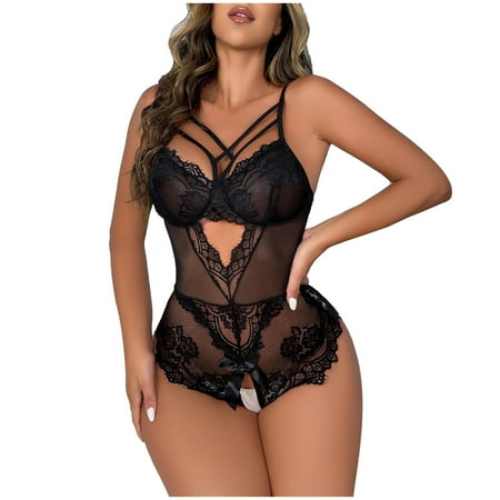 

Womens Lightweight Sexy Lingerie Lace Flowers Hollow Camisole Crochet Spaghetti Strap Cami See-through Mesh Jumpsuit