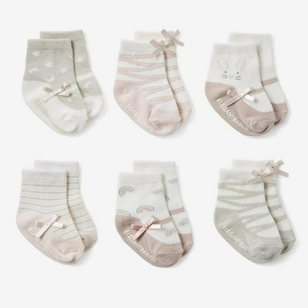 Calcetines elegantes Mary Jane de color rosa bebé, antideslizantes, 0-12 M (paquete de 6)