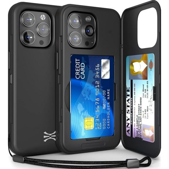 TORU CX SLIM for iPhone 14 Pro Case Wallet | Protective Shockproof Heavy Duty Cover with Hidden Card Holder & Card Slot | Mirror & Wrist Strap Included - Black