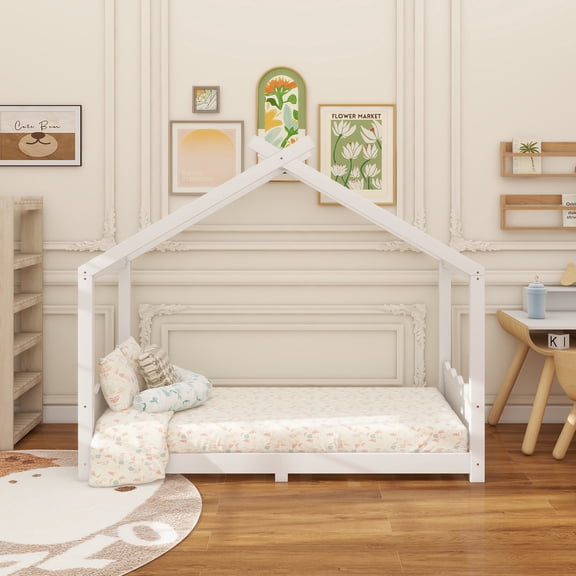 Twin House Floor Bed with Support Slats, Solid Wood House Bed Frame for Kids, No Box Spring Needed and Opening Constructure, White