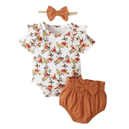 

Sunisery Newborn Baby Girls Summer Outfits Set Short Sleeve Floral Romper PP Shorts Headband Clothes Brown 0-3 Months