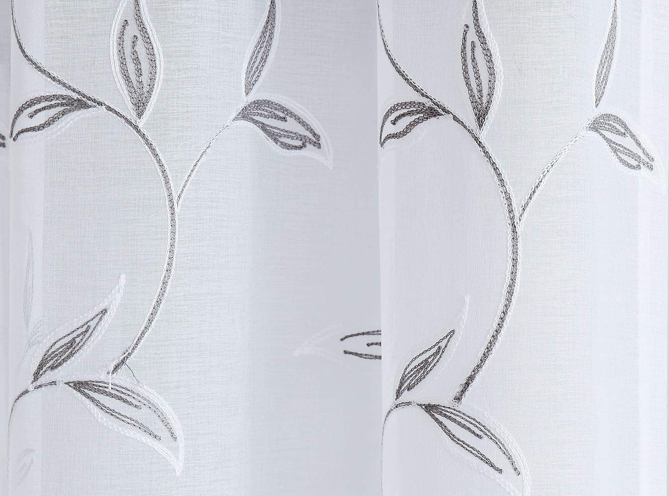 Warm Home Designs Pair of Short Length 54" x 63" Sheer White Curtains with Gray Charcoal Leaf Embroidery. M Charcoal 63