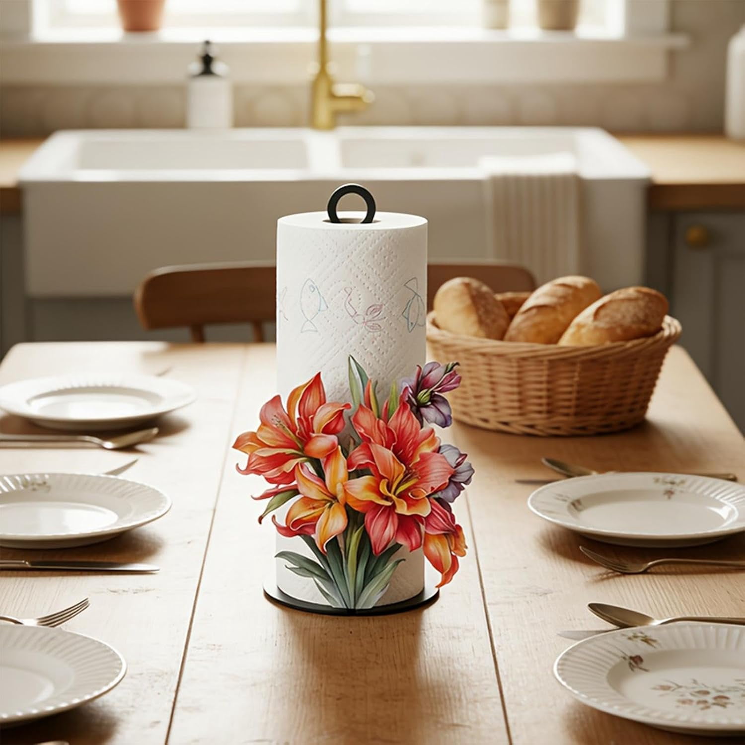 Decorative Paper Towel Holder with Flower Pattern – Freestanding Tissue Roll Rack for Home, Kitchen, Bathroom, or Office