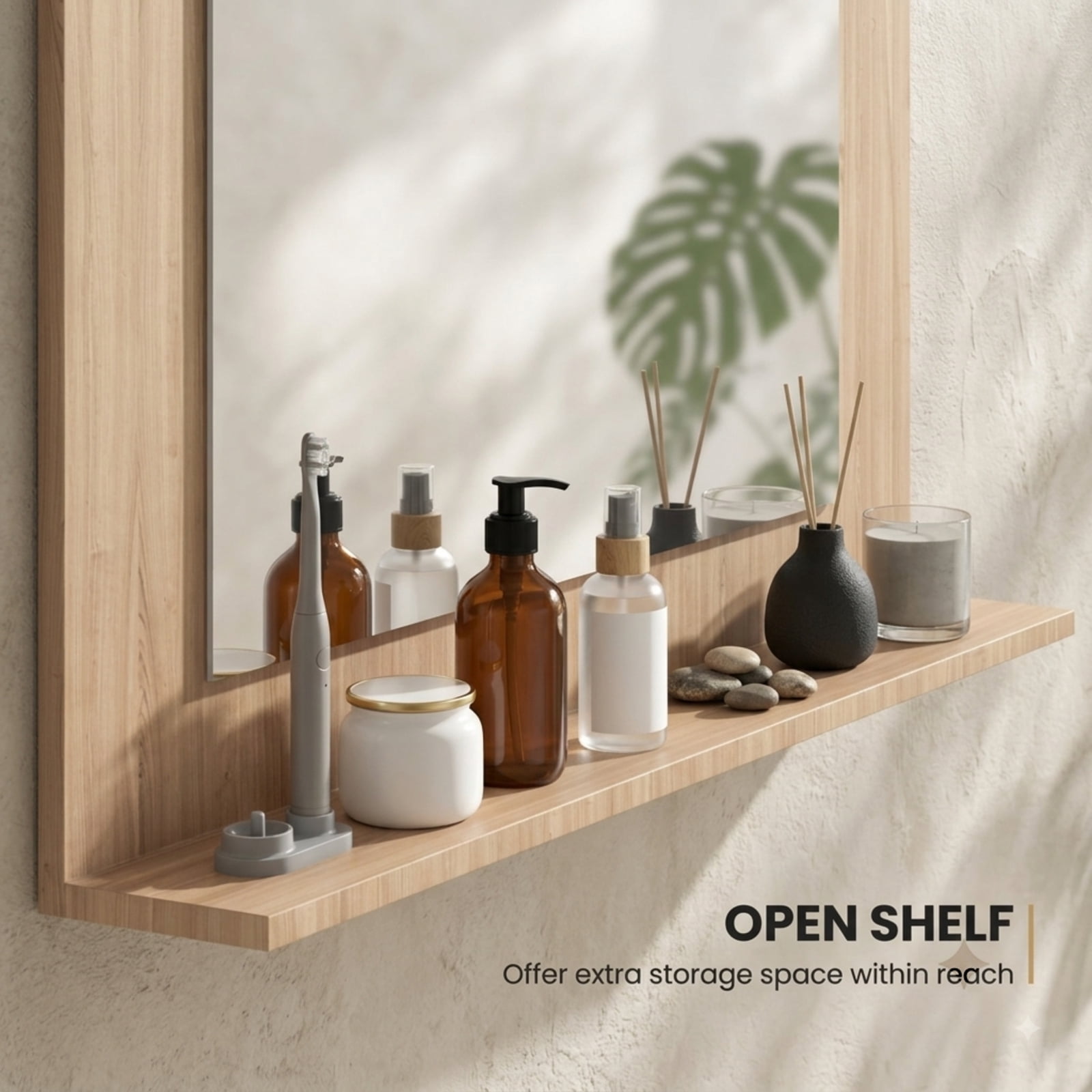 Vebreda Bathroom Wall Mirror, Rectangle Bathroom Mirror with Shelf 23.5 x 17.5 Inch and Wood Frame, Functional Design, Crystal-Clear Reflection