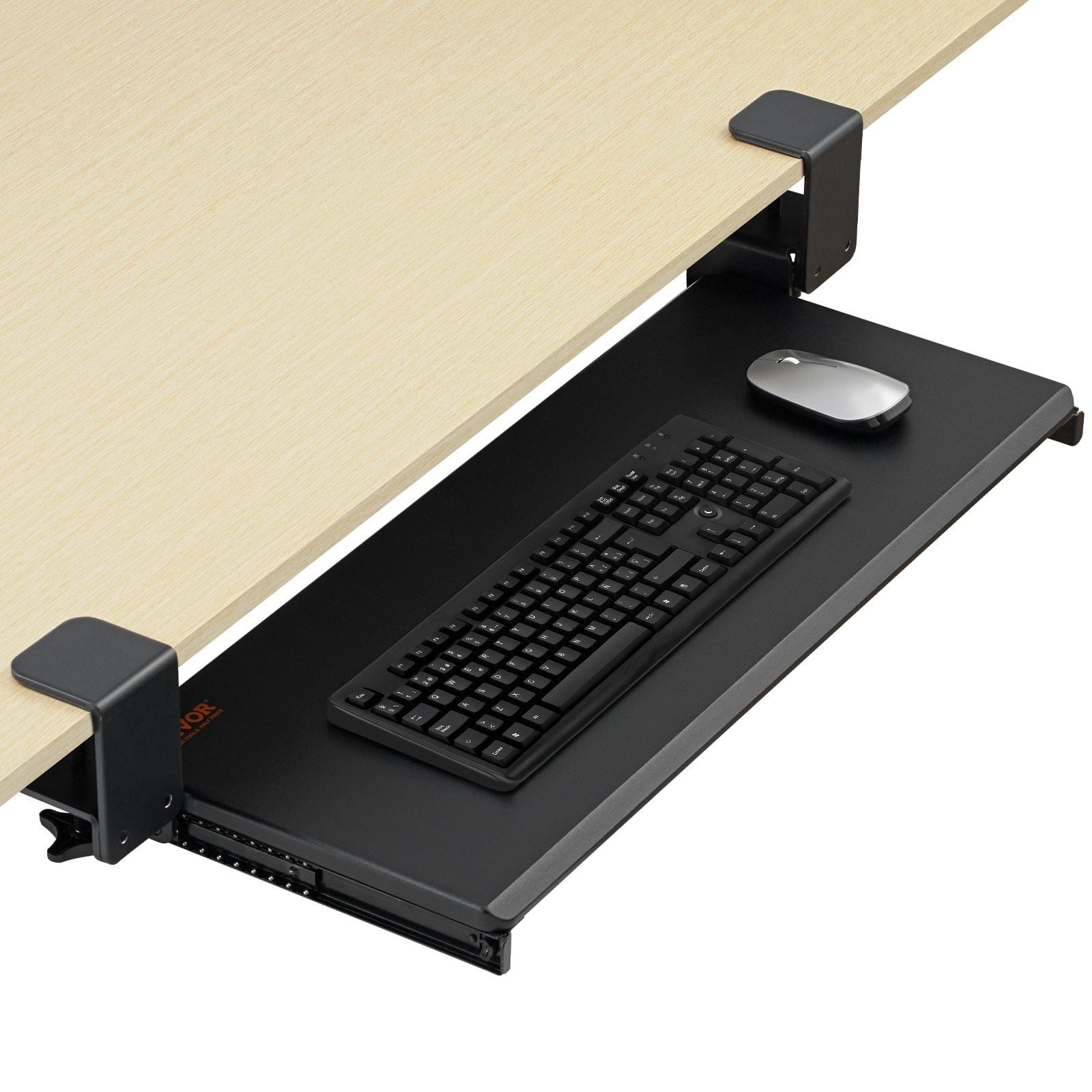 No-Drill Keyboard Tray Under Desk, 26.8x11 Inch Slide-Out Mouse Tray with Heavy-Duty C-Clamp Mount for Home & Office (Black)