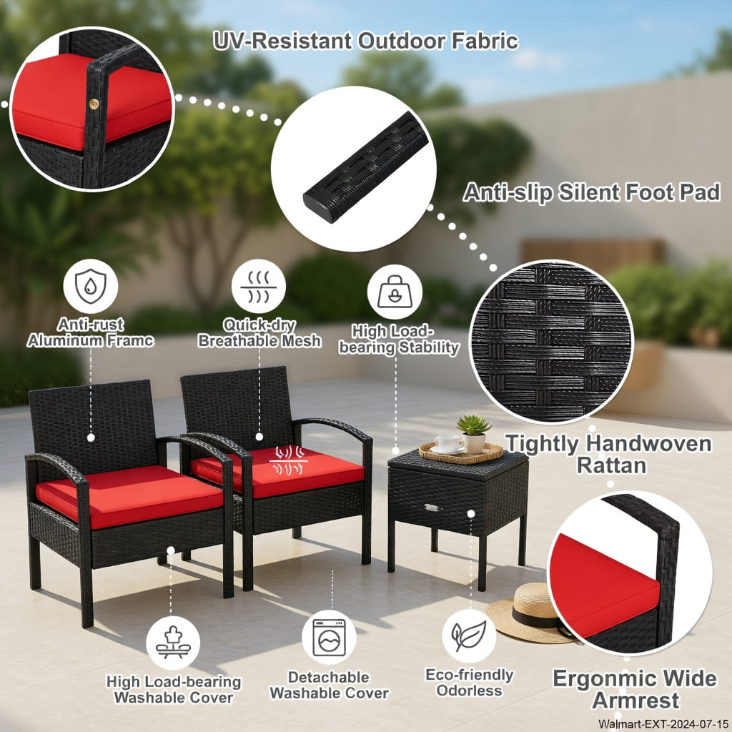 Hommoo 3-Piece Outdoor PE Rattan Patio Sofa Set with Washable Removable Cushions, for Backyard, Balcony, Poolside, Red