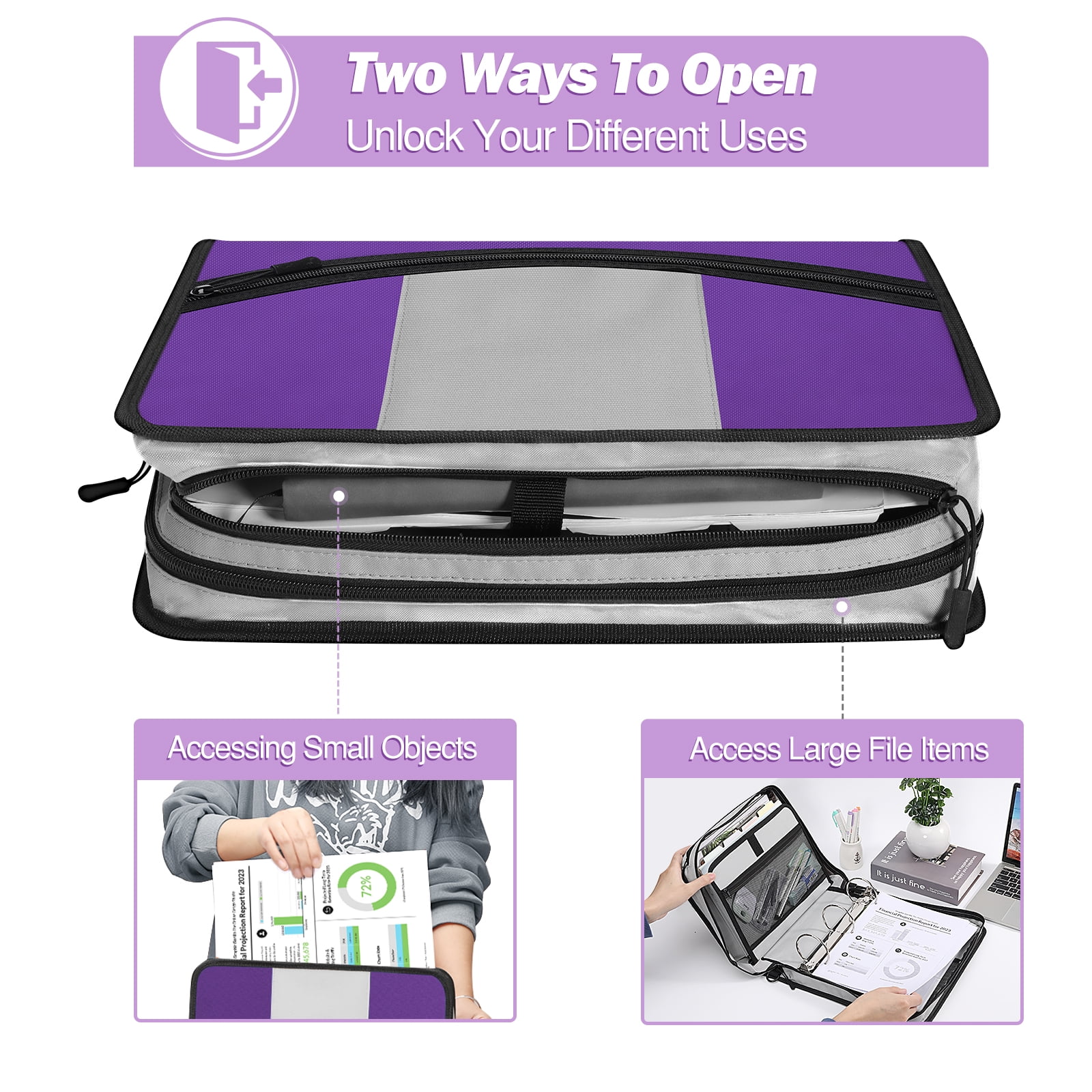 MoKo Zipper Binder 3 inch 3 Ring Binder, 600 Sheet Capacity Multi-Pocket School Binder Organizer with Handle and Shoulder Strap, Purple & Gray