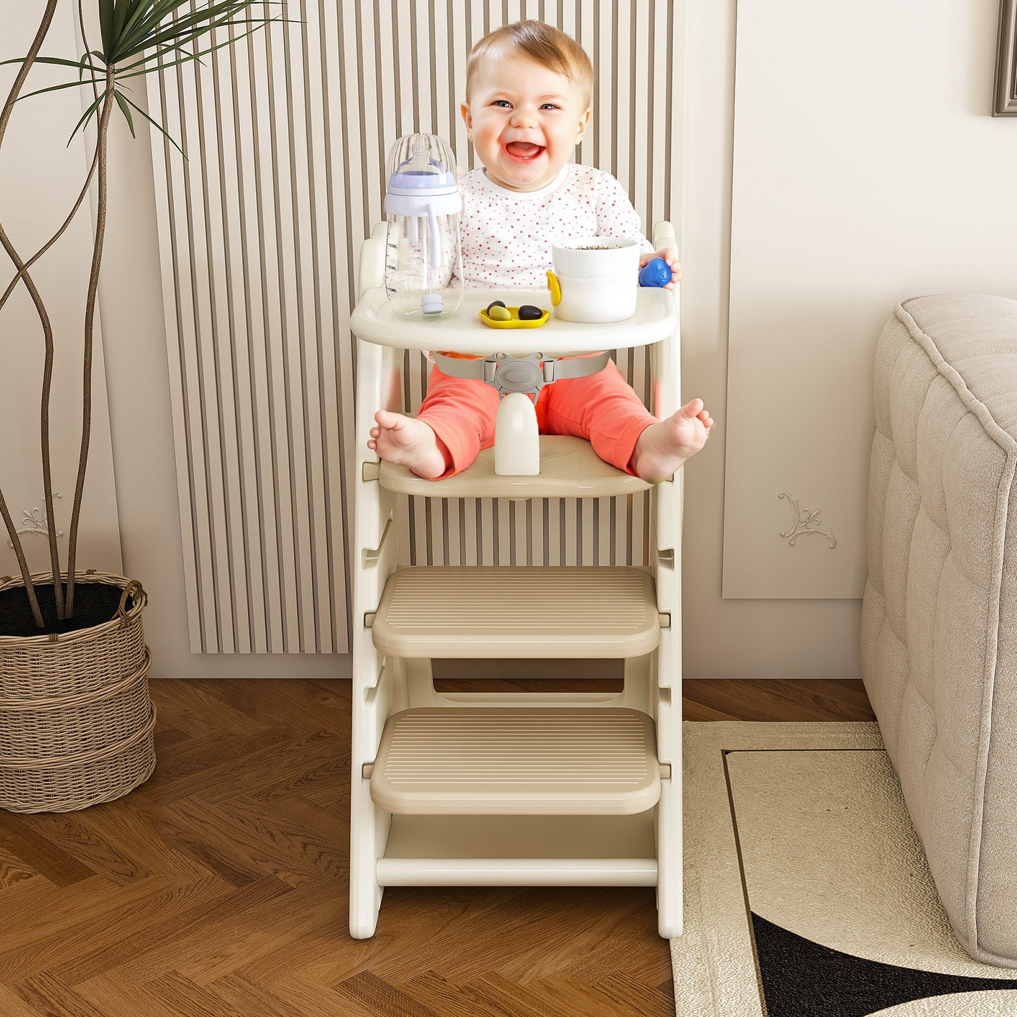 Wohh 3 in 1 Multi Functional Growing Up Dining Chair for Eating, Convertible Baby High Chair Toddler Learning Tower & Step Stool, Adjustable Height with 5-Point Harness, Removable Tray(Beige)