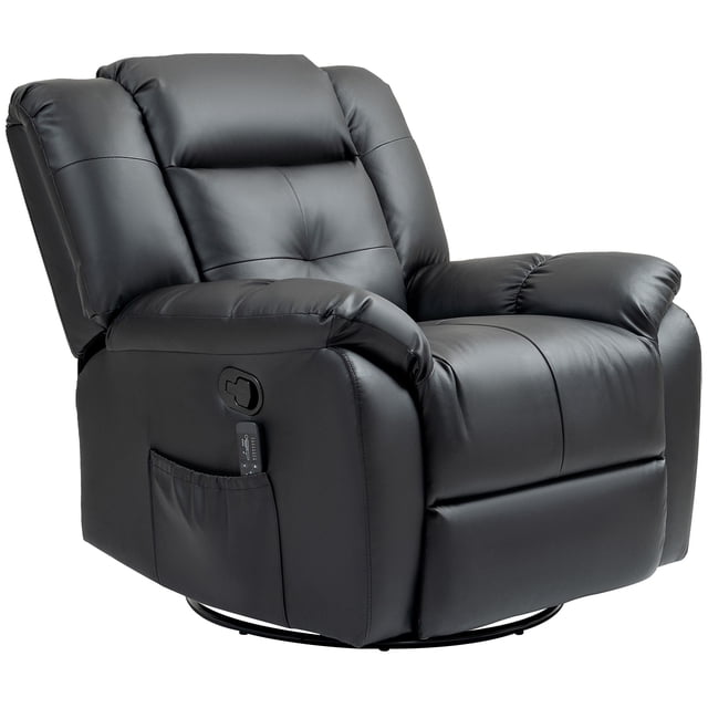 8-Point Vibration Massage Recliner Chair, Black PU Leather Swivel Rocking Sofa, 150° Recline with Remote Control & Side Pockets, Comfortable Armchair for Living Room or Office