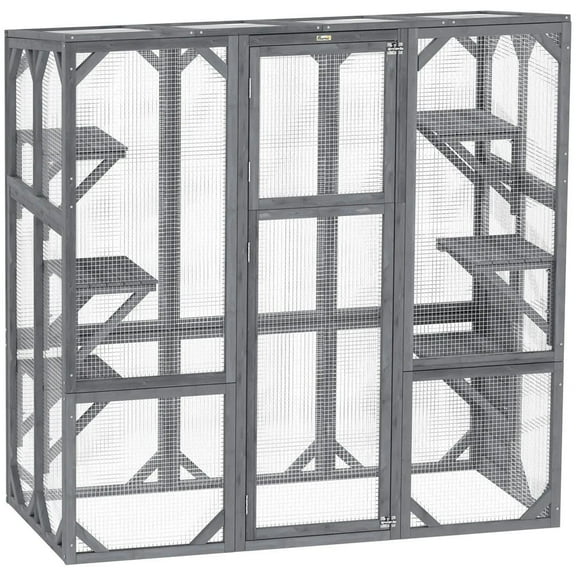 GVN Cat Catio Enclosure, Cat Cage House,Large Wooden Catio Outdoor with 6 Jumping Platforms, Weatherproof Roof,Gray