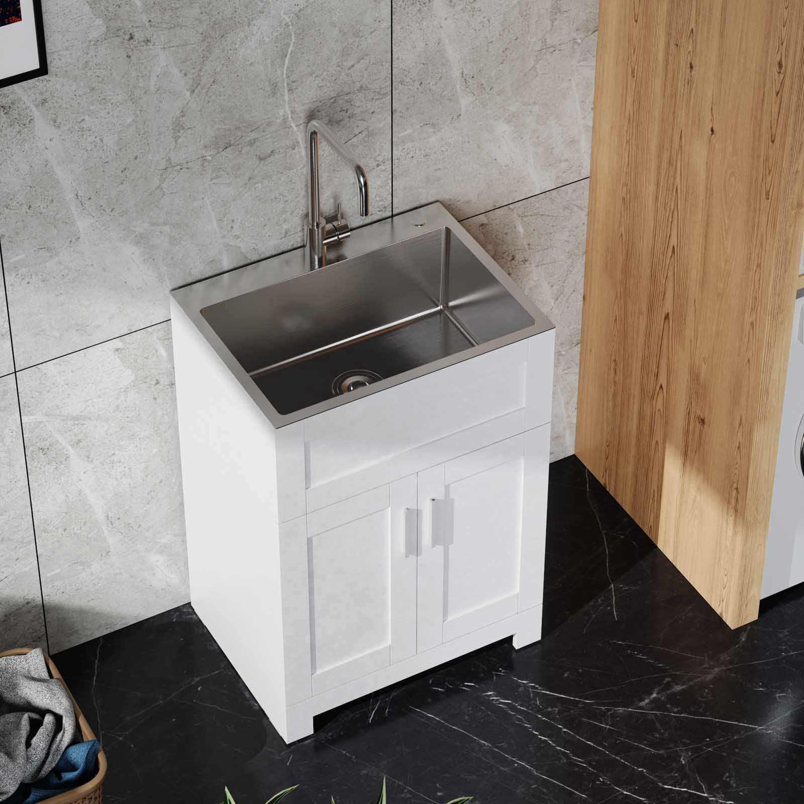BARONAGE 24" Modern Bathroom Vanity with Sink, Bathroom Sink Cabinet, Sink Stainless Steel Combo, Vanities Cabinet Freestanding with 2 Doors, White