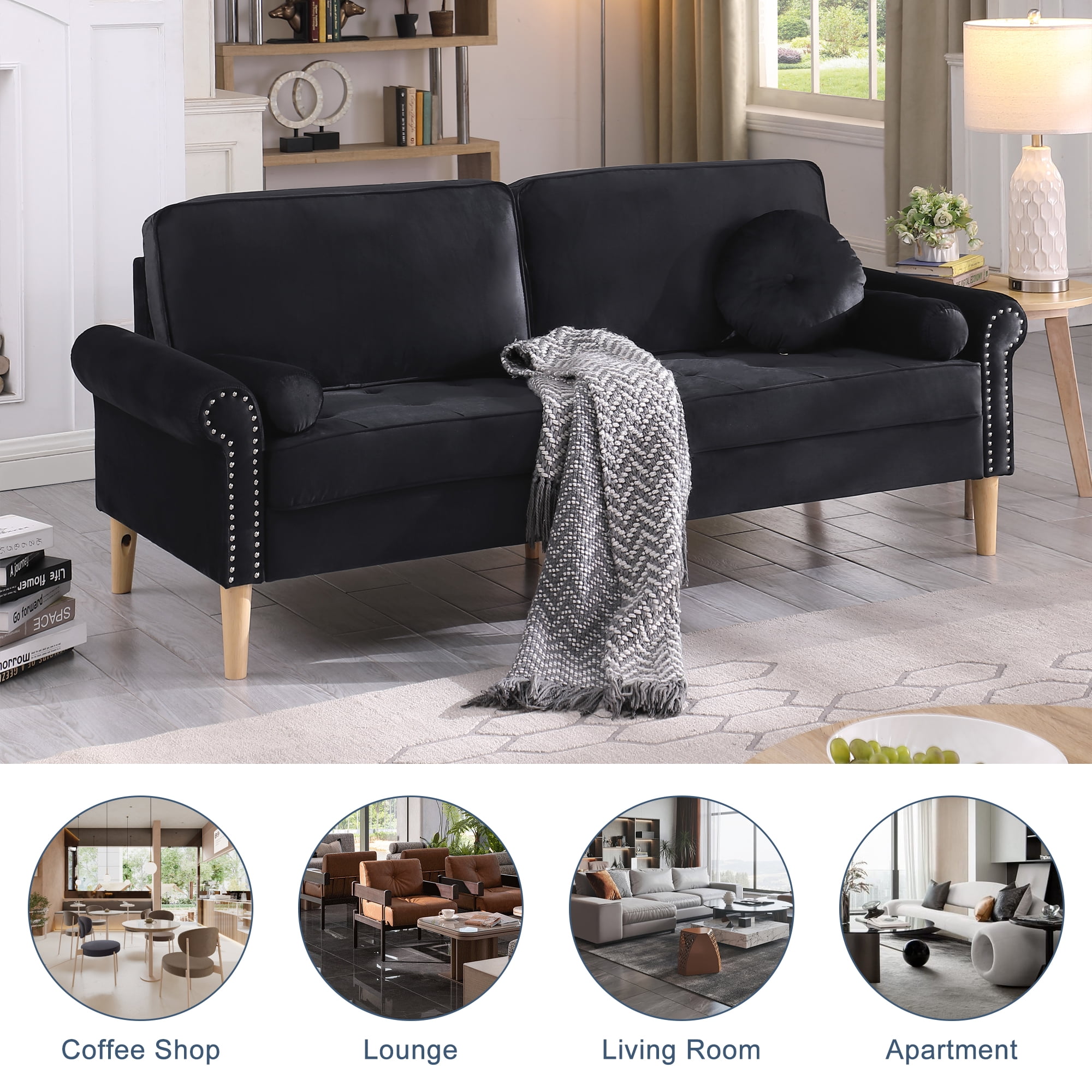 Aukfa 77.2" Sofa Couch, 3-Seater Sofa with Copper Nail and 3 Pillows, Velvet Loveseat for Living Room - Black
