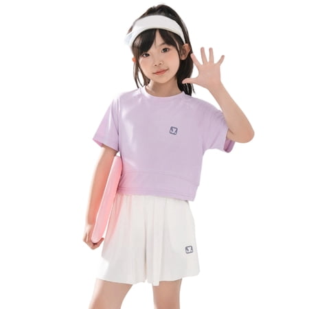 Gbsyewxs Girls Outfits Sets 2 Piece Crew Neck Short Sleeve Tops And Shorts Set Quick Drying Sportswear Summer Toddler Outfits Light Purple Size 16-17 Years