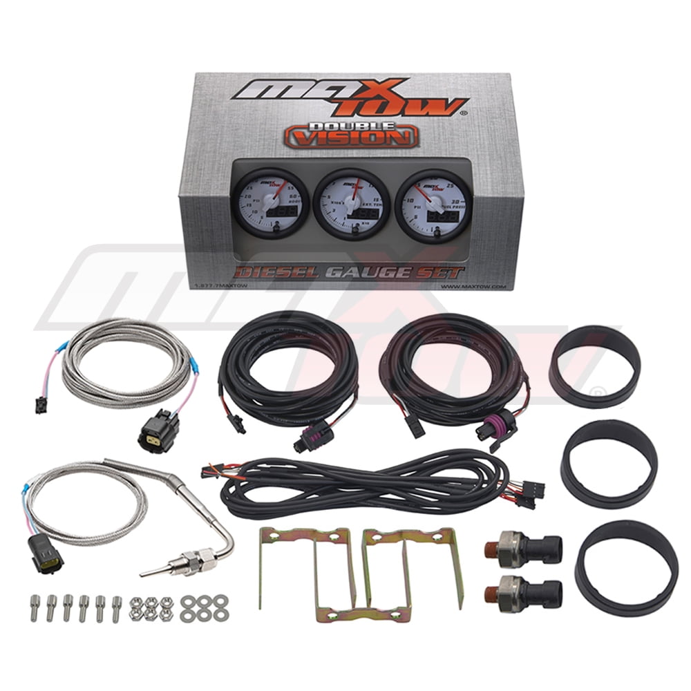 MaxTow White and Green Diesel Gauge Set 60 Boost, Pyrometer & 30 Fuel