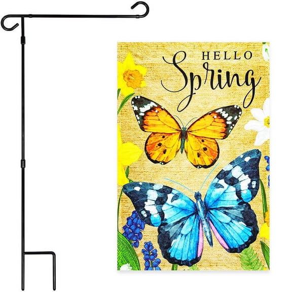 G128 Combo Pack: Garden Flag Stand Black 36x16IN & Garden Flag Hello Spring Butterflies Flowers 12x18IN