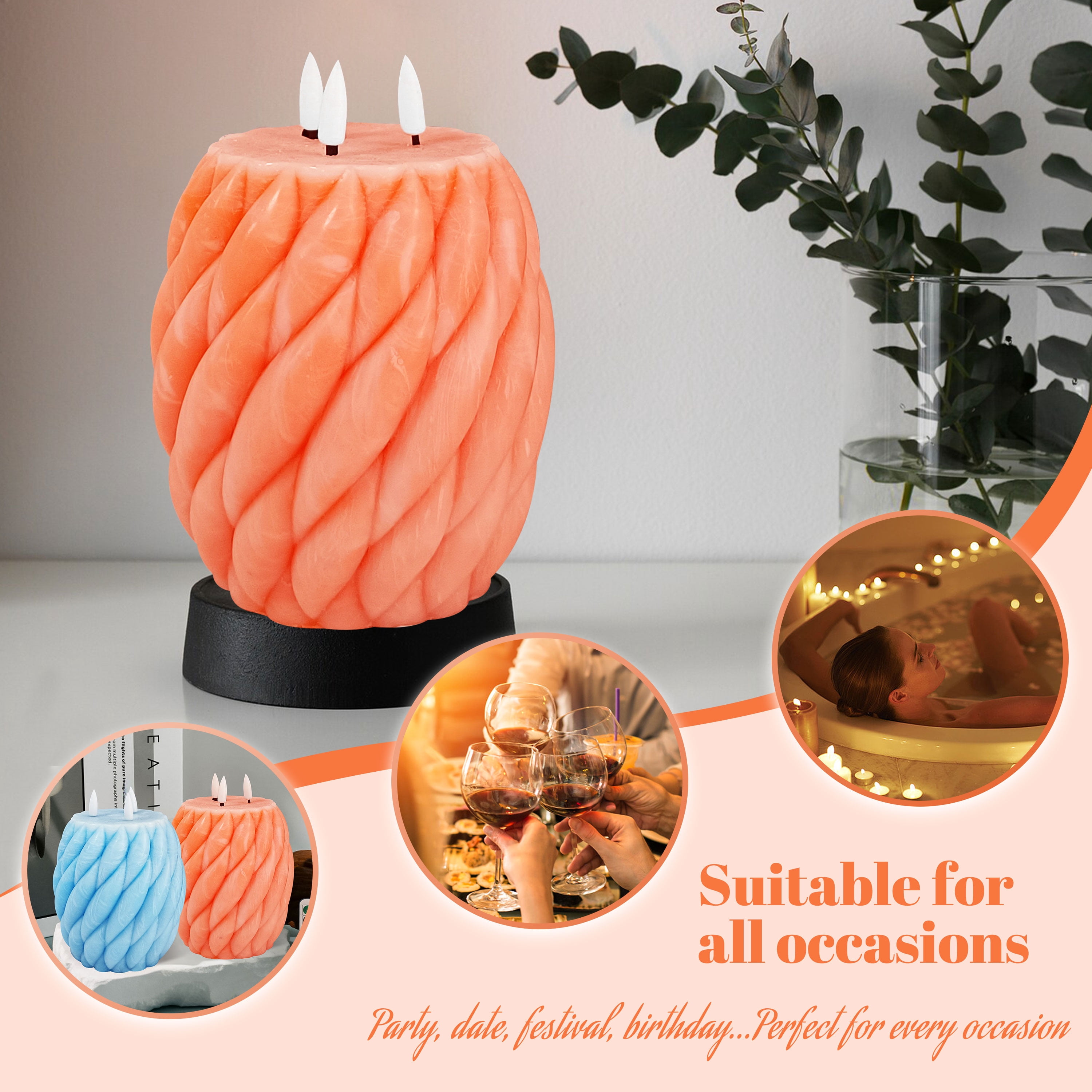 Orange Knot Ball Flickering Flameless Candles, Real Wax LED Candles with Remote and Timer, 4.8 Inch Battery Operated Spiral Pillar Candles for Room Decor Home Wedding Decoration