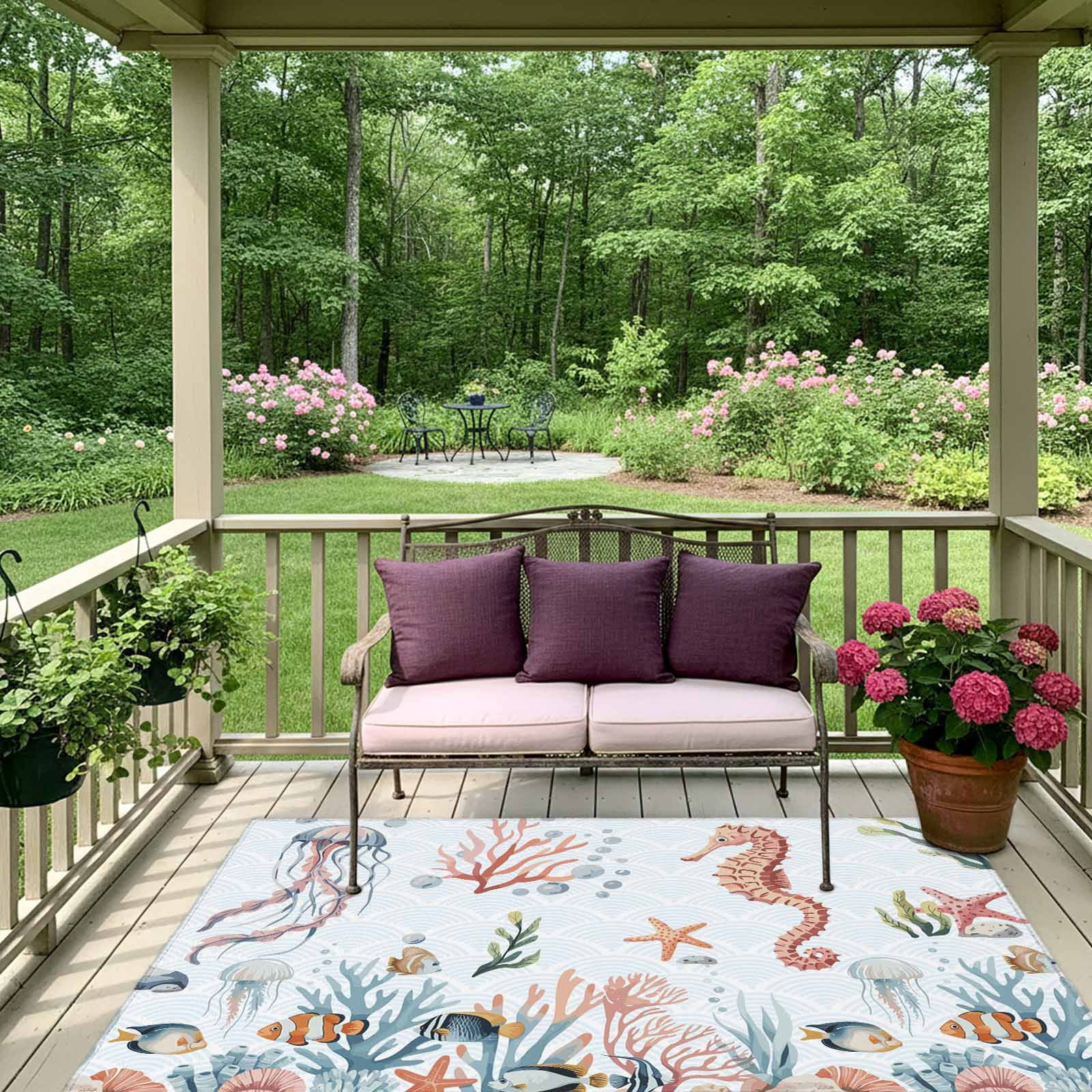Seahorse Coastal Outdoor Rug 3x5 Ft, Non Slip Washable Area Rug, Summer Beach Ocean Shell Jellyfish Starfish Patio Rugs Carpet Runner, Large Floor Mat for Indoor/Outdoor Deck Porch Camping