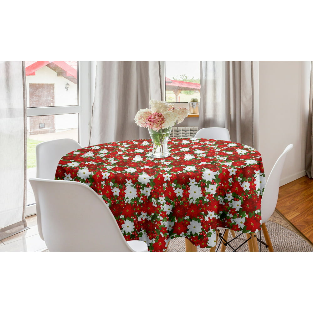 Christmas Round Tablecloth, Poinsettia Flower Holly and Mistletoe in ...
