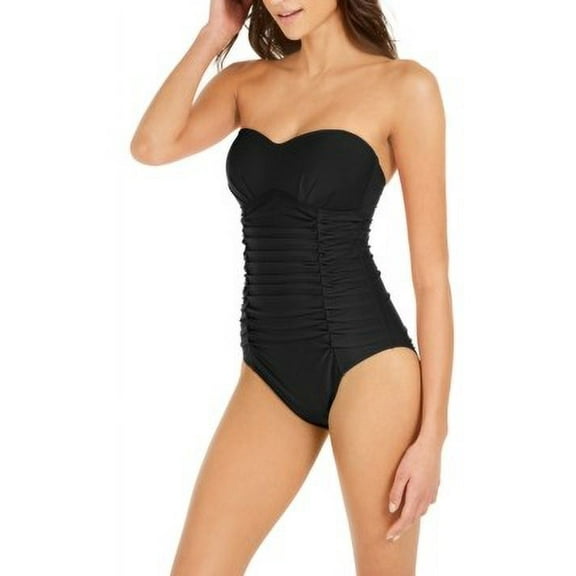 DKNY BLACK Liquid Pleated Bandeau Tummy Control One-Piece Swimsuit, US 16