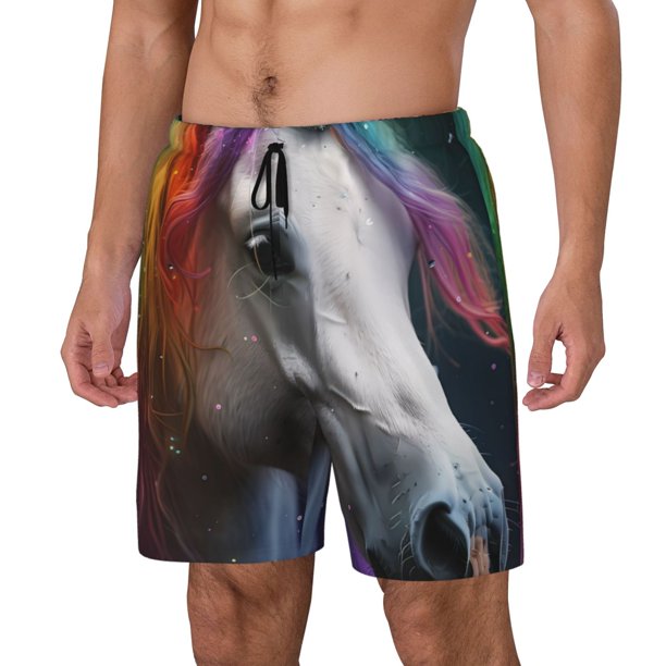 Balery Colorful Haired White Horse Bañador para hombre, shorts de playa de secado rápido con entrepierna y forro de compresión-Small