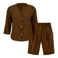 thumbnail image 7 of Jinhomg Shorts Sets Women 2 Piece Outfits Cotton Linen Short Sleeve Shorts Lounge Wear Buttons Down V Neck Tracksuits Brown,S, 7 of 7