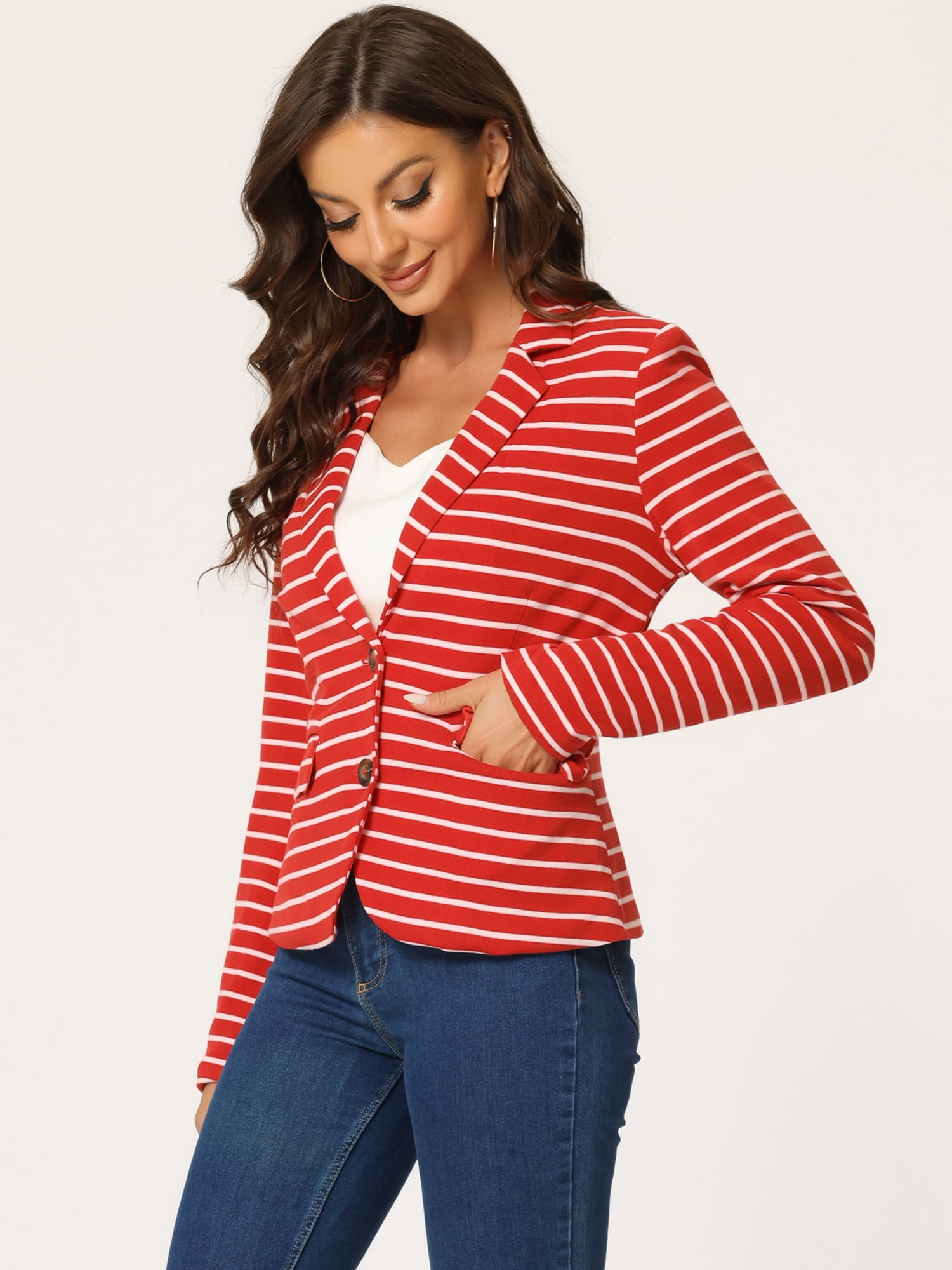 DARING DIVA Women's Striped Notched Lapel Button Closure Blazer M Red