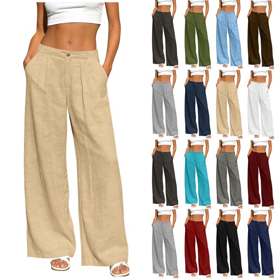 Yertdoel Linen Pants Women Fashion Solid Wide Leg Long Pants Elastic Waist with Pockets Daily Cozy Casual Baggy Trousers