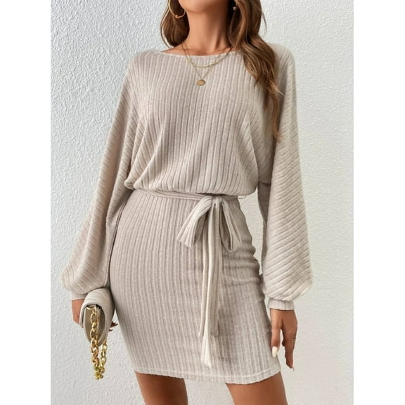 ZANKLEY Women's Mini Dress Round Neck Long Dolman Sleeve Fitted Lace Up Dress Grey Beige