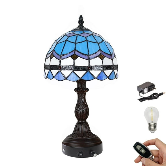 Kiven Cordless Table Lamp,1-Light Dimmable Bedside Lamps for Nightstand with Pink Glass Lampshade, Tiffany-Style Rechargeable Desk Lamp for Reading Home Decor Bedside TD0768