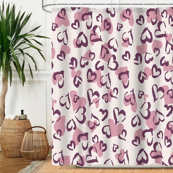Valentine''s Day Heart Shower Curtain 72x72 Inch, Leopard Pink for Romantic Bathroom Decor, Holiday Bath Decor for Girls, Bath Decorations with 12 Plastic Shower Hooks