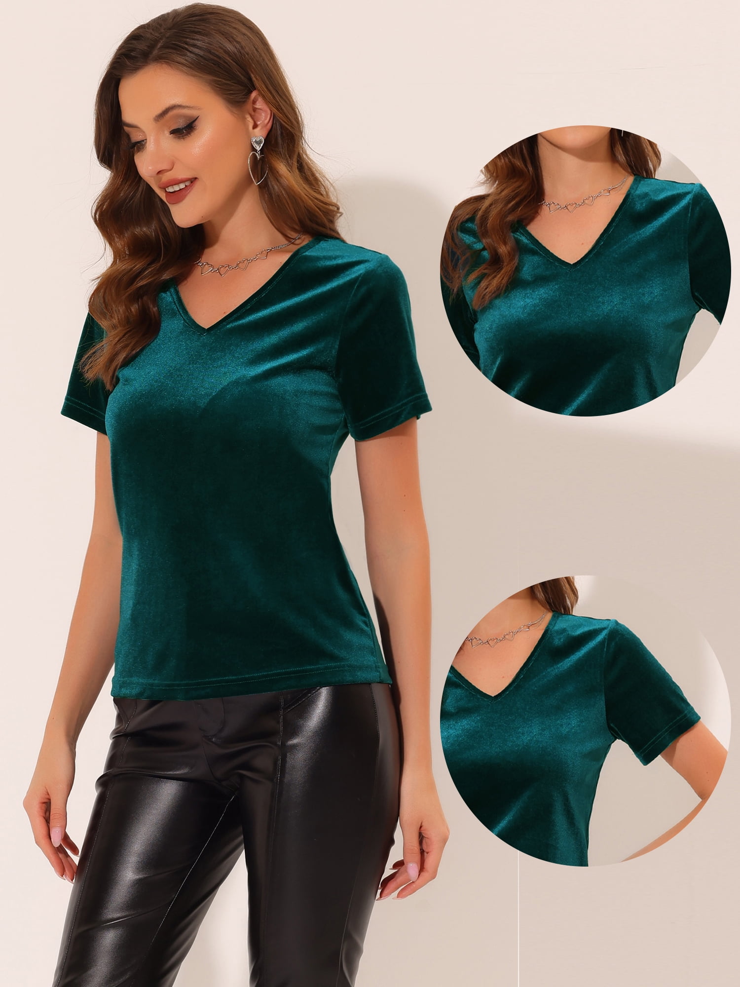 DARING DIVA Women's Velvet Top Short Sleeve Casual T-Shirt S Lake Green