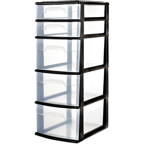 5-Tier Clear Plastic Storage Organizer Unit with Black Frame Multi-Purpose Drawer Container for BedroomBathroomOffice Organization