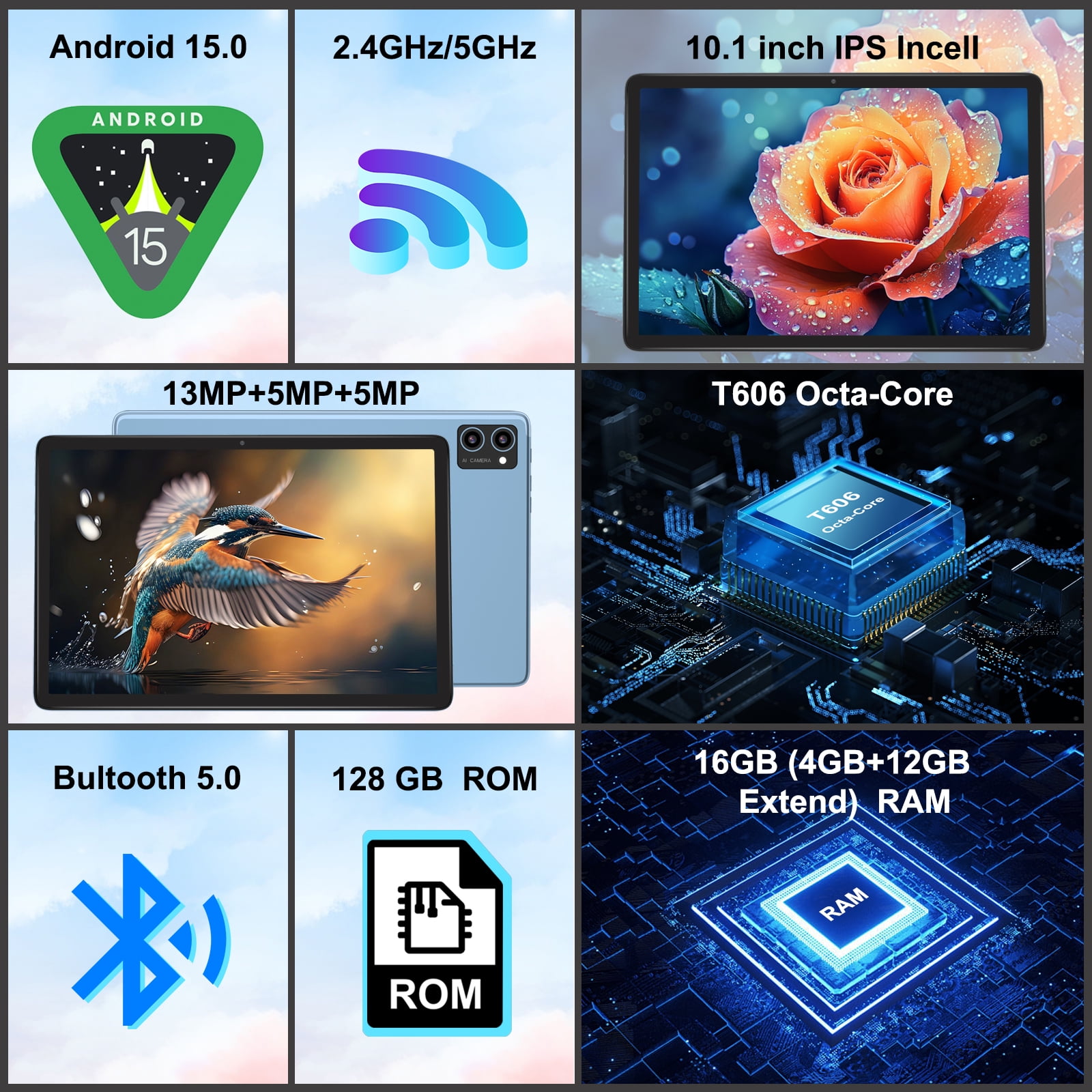 Latest Android 15 Tablet, 128GB ROM+16GB RAM+1TB Expand, 10.1 inch Tablet, 5G WiFi, T606 Octa-Core, 3- Camera , Incell IPS Screen, 8000mAh, Tablet with Keyboard, case, stylus, Dual speakers