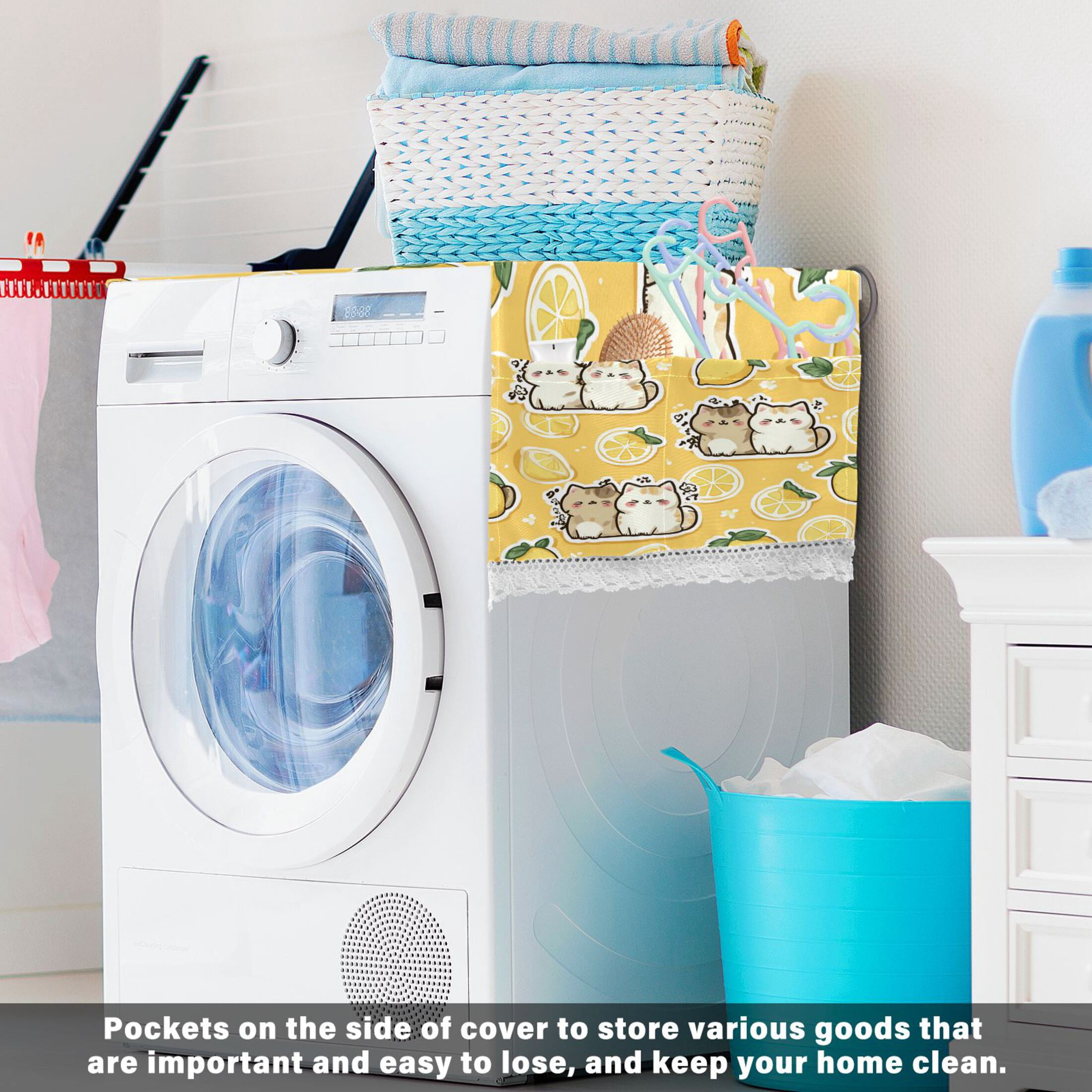 Wobogo Lemon Kitten Washing Machine Cover Dustproof Washer Dryer Cover Waterproof Laundry Room Decorative Protector