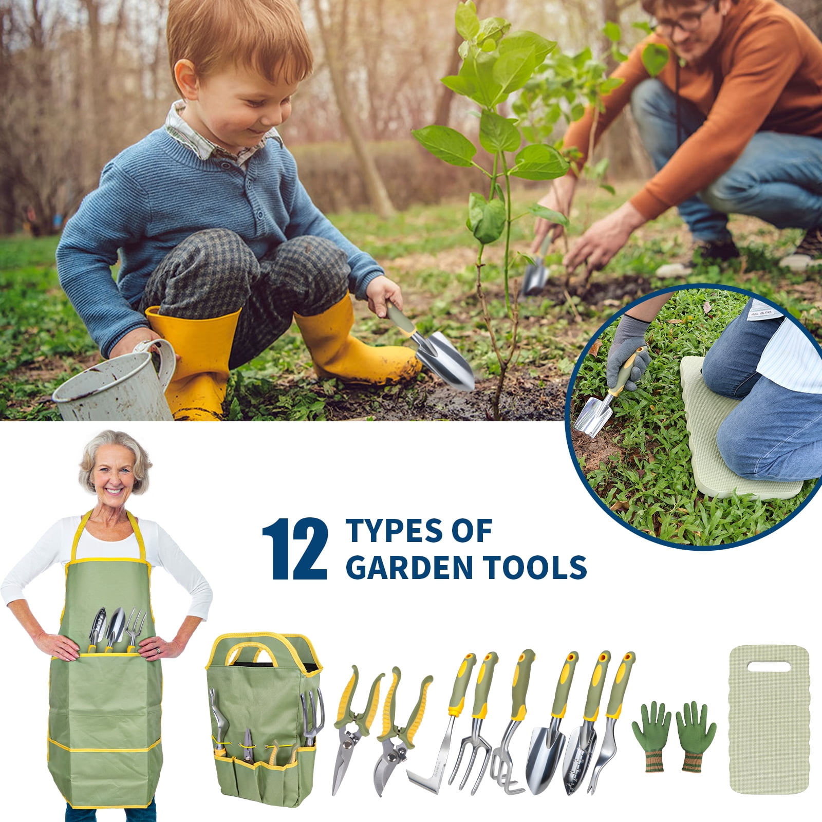 Set of 12 Garden Tool, ZUEXT Heavy-Duty Aluminum Gardening Hand Tools with Rubber Non-Slip Handle, Garden Apron, Gloves, Kneeling Pad and Storage Bag, Garden Hand Tools Starter Kit Landscaping Tools