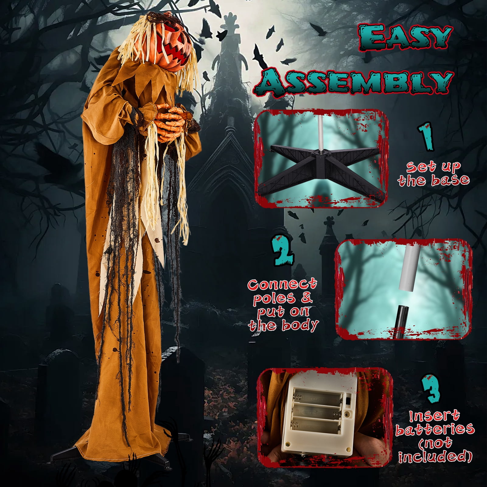 Astoutdoor 5.5 ft Halloween Pumpkin Man Animatronic Decoration with Red Glowing Head, Sound-Activated Head-Turning Motion and Male Voice, Battery Operated, Red