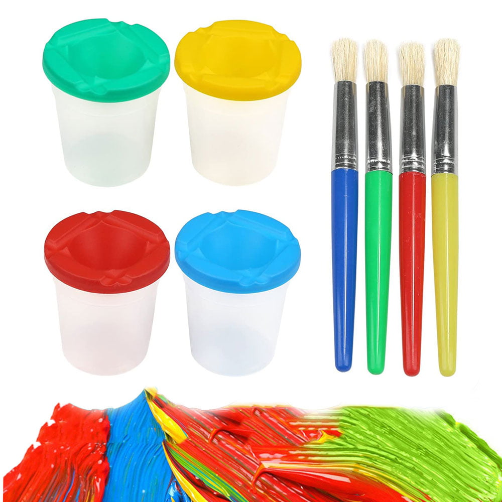SagaSave 8Pcs Childrens Paint Brush and Non-Spill Paint Pot Set
