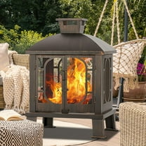45" H×31''W Metal Chiminea Fire Pit with Grill, Wood Burning Fire Pits for Outside,Square Chimineas Fireplace with Mesh Spark Screen Door& Fire Poker for Garden,Yard,BBQ,Bonfire (Black&Gold)